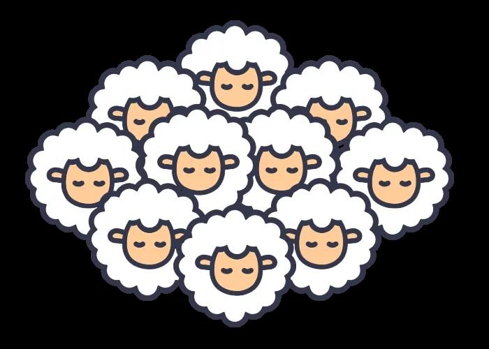 Cartoon illustration of ten fluffy sheep with closed eyes grouped closely together, symbolizing unity or a flock.