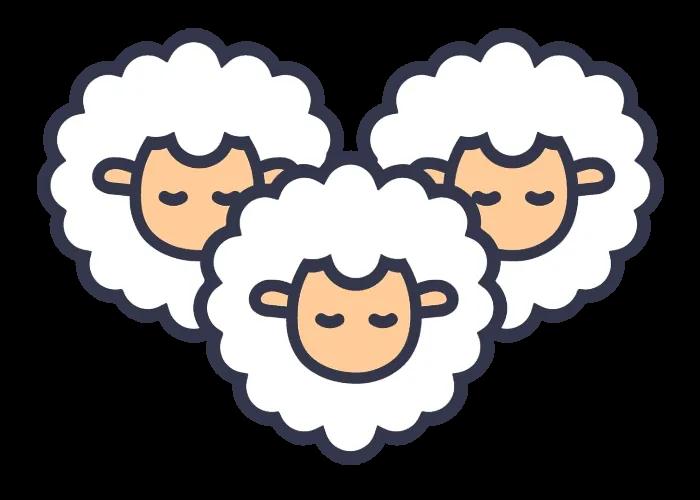 Cartoon illustration of three fluffy sheep forming a triangular group with closed eyes.