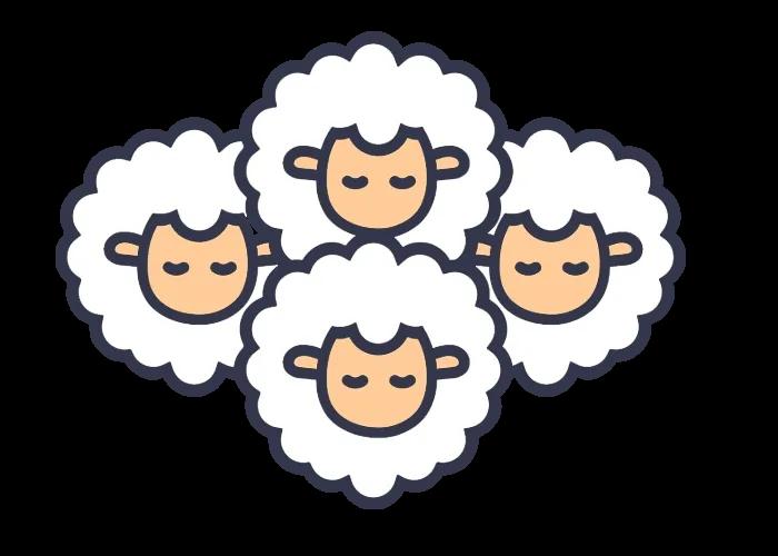 Cartoon illustration of four fluffy sheep arranged in a diamond shape, all with relaxed expressions.