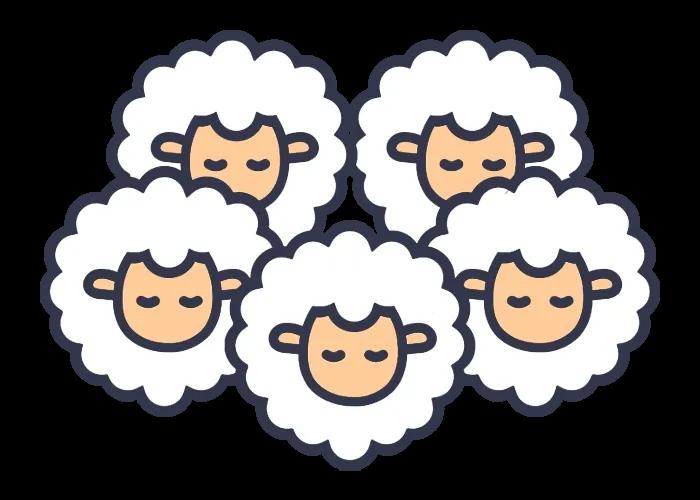 Cartoon illustration of five fluffy sheep grouped closely together, each with a serene expression.